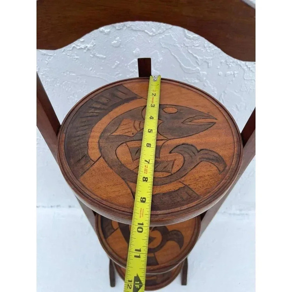 Vintage 3-Tier Solid Wood Round Carved Folding Table Pie Stand Plant Shelf 38.5" - Picture 10 of 11